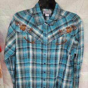 Pink Caddilac Sz L Pearl Snap Teal Plaid Floral Appliqué Long Sleeve